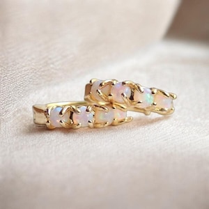 Opal Hoop Earrings, Opal Earrings, Opal Huggie Hoops, Opal Jewelry,Dainty Gold Gemstone Hoops,Crystal Huggie Hoops,October Birthstone Gift