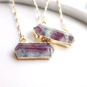 Rainbow Fluorite Necklace, Gemstone Bar Necklace, Fluorite Jewelry,  Gold Fill Paperclip Chain Crystal Necklace,  Raw Fluorite Pendant
