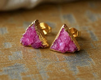 Pink Gemstone Studs Earrings, Crystal Druzy Post Earrings, Triangle Gold Studs, Dainty Geometric Earrings, Jewelry Gift for Her
