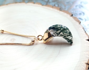 Moss Agate Necklace, Crescent Moon Gemstone Necklace, Moss Agate Pendant , Moss Agate Jewelry, Minimalist Celestial Necklace, Gift for Her,