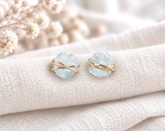 Tiny Raw Aquamarine Stud Earrings, Gold Filled Wire Wrapped Gemstone Posts, March Birthstone Jewelry, Dainty Natural Crystal Studs