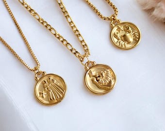 Collana con medaglione d'oro e segno zodiacale, ciondolo a moneta astrologica, regalo personalizzato per lei