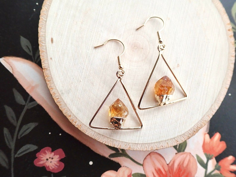 Raw Citrine Dangle Earrings Gold,Natural Gemstone Hanging Earrings, Gift for Scorpios, November Birthstone Jewelry, Triangle Earrings image 2