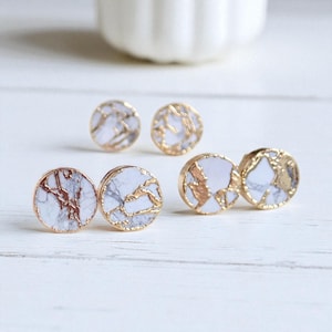White Mojave Stud Earrings, Faux Marble Round Studs Gold Vein Detail, Modern Minimalist Jewelry, Howlite Kintsugi Earrings, Gift for Her