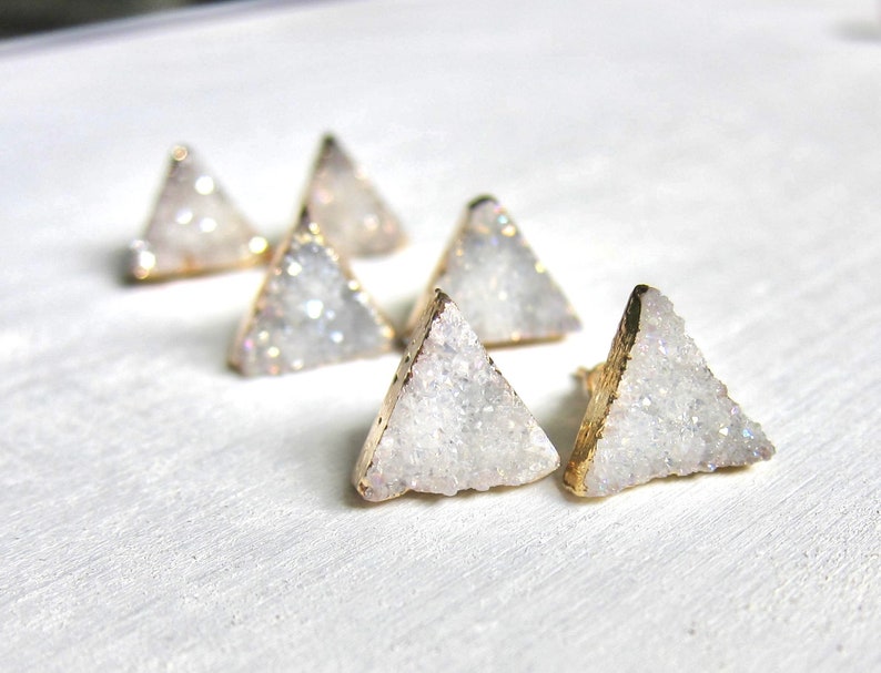 Triangle Stud Earrings, Geometric Post Earrings, Druzy Earrings, Geode Agate Jewelry, White Gray Crystal Earrings, Raw Stone Stud Earrings image 2