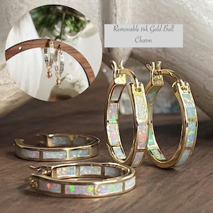 Opal Hoop Earrings with Removable Charm, Opal Earrings, Gold Gemstone Hoops, Opal Jewelry, October Birthstone Gift For Her,Bridal Earrings