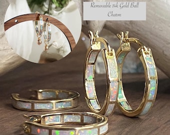 Opal Hoop Earrings with Removable Charm, Opal Earrings, Gold Gemstone Hoops, Opal Jewelry, October Birthstone Gift For Her,Bridal Earrings