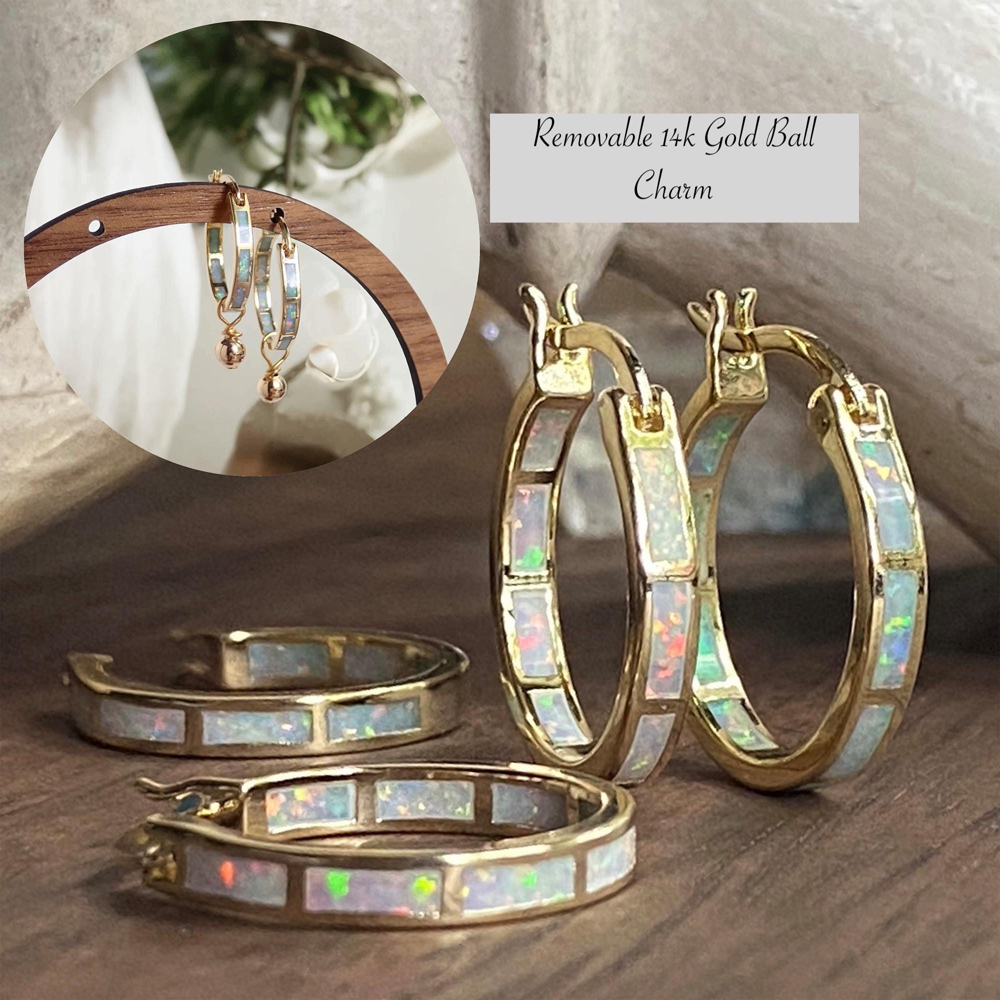 Opal Hoop Earrings with Removable Charm, Opal Earrings, Gold Gemstone Hoops, Opal Jewelry, October Birthstone Gift For Her,Bridal Earrings