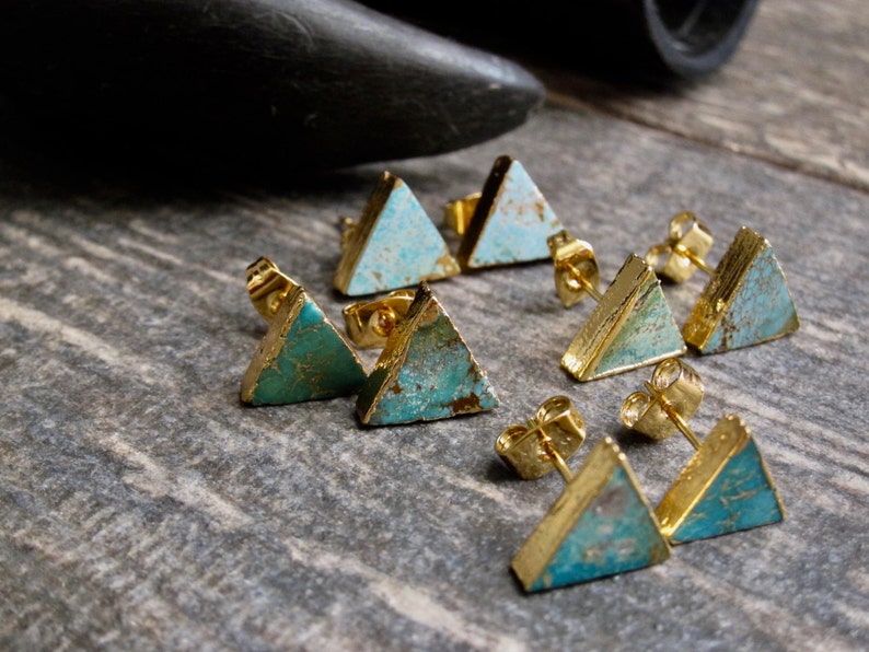 Turquoise Studs Earrings, Triangle Raw Gemstone Earrings, Minimalist Jewelry, December Birthstone, Gold Raw Stone Earrings, Dainty Turquoise image 8