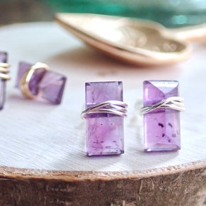 Amethyst Stud Earrings, Minimal Crystal Bar Earring, Wire Wrapped Gemstone ,Amethyst Jewelry,Sterling Silver Studs STERLING SILVER