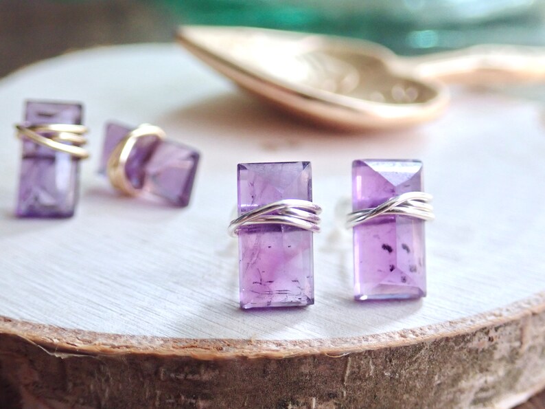 Amethyst Stud Earrings, Minimal Crystal Bar Earring, Wire Wrapped Gemstone ,Amethyst Jewelry,Sterling Silver Studs STERLING SILVER