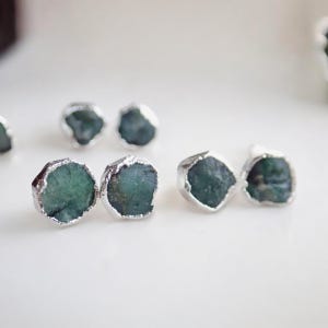 Raw Emerald Stud Earrings Silver, Natural Gemstone Post Earrings, May Birthstone Gift for Her, Minimalist Green Gemstone Earrings
