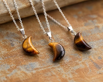Halskette mit Tigerauge-Mondanhänger, Halbmond-Halskette, Tigerauge-Schmuck, Halskette mit braunem Stein, Himmelsschmuck, Edelstein-Mondanhänger