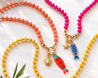 Colorful Beaded Charm Necklace | Front Clasp Candy Necklace | Dopamine Necklace | Interchangeable Charm Jewelry | Coastal Beach Jewelry