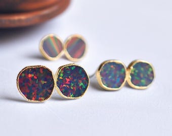 Black Opal Stud Earrings | 14k Gold Opal Earrings, October Birthstone Jewelry, Gift for Her, Dark Opal Post Earring, Round Gemstone Earrings