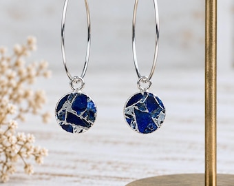 Blue Sapphire Mojave Hoop Earrings, Silver Hoops with Gemstone Charm, Kintsugi Earrings, September Birthstone Gift for Her,Boho Jewelry