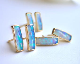 Small Blue Opal Bar Stud Earrings | 14k Gold Opal Earrings | October Birthstone Jewelry | Gift for Her, Opal Post Earrings, Opal Studs Gold