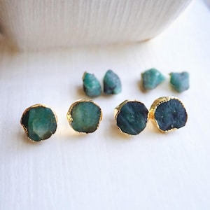 Raw Emerald Stud Earrings Gold Vermeil, May Birthstone Earrings, Green Gemstone Minimalist Studs, Genuine Emerald Jewelry Gift for Her