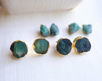 Raw Emerald Stud Earrings Gold Vermeil, May Birthstone Earrings, Green Gemstone Minimalist Studs, Genuine Emerald Jewelry Gift for Her