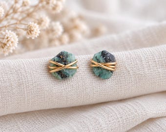 Small Raw Emerald Stud Earrings, May Birthstone Jewelry, Dainty Gemstone Studs, Green Stone Earrings, Gold Filled Boho Earrings