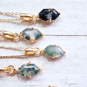 Moss Agate Necklace, Dainty Gemstone Necklace, Hexagon Crystal Pendant, Moss Agate Jewelry, , Minimalist Layering, Birthday Gift for Her