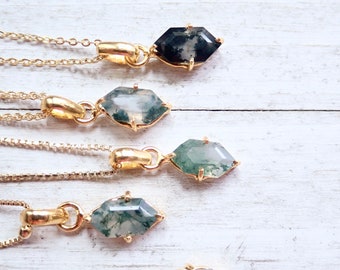 Moss Agate Necklace, Dainty Gemstone Necklace, Hexagon Crystal Pendant, Moss Agate Jewelry, Healing Stone Heart Chakra, Minimalist Layering