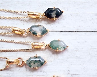 Moss Agate Necklace, Dainty Gemstone Necklace, Hexagon Crystal Pendant, Moss Agate Jewelry, , Minimalist Layering, Birthday Gift for Her