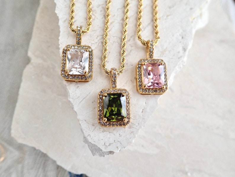 Gemstone Pendant Necklace, Chunky Crystal Necklace, WATERPROOF Jewelry, Green Pink Crystal Necklace,No Tarnish PVD Stainless Steel,Wife Gift image 5