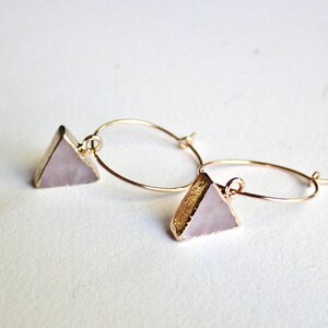 Rose Quartz Hoop Earrings, Geometric Gemstone Gold Hoop Earrings, Triangle Charm Hoops, Pink Crystal Earrings, Minimalist Gift for Her Gold Fill Wire Hoops