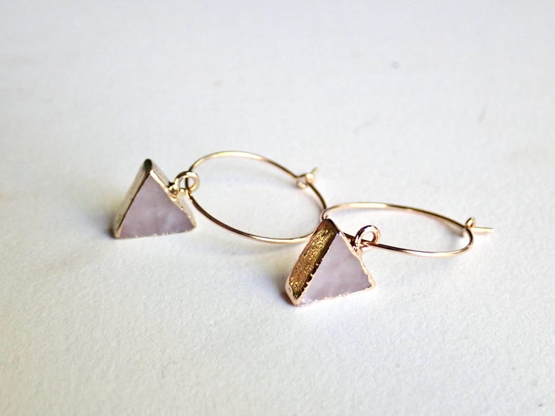 Rose Quartz Hoop Earrings, Geometric Gemstone Gold Hoop Earrings, Triangle Charm Hoops, Pink Crystal Earrings, Minimalist Gift for Her Gold Fill Wire Hoops