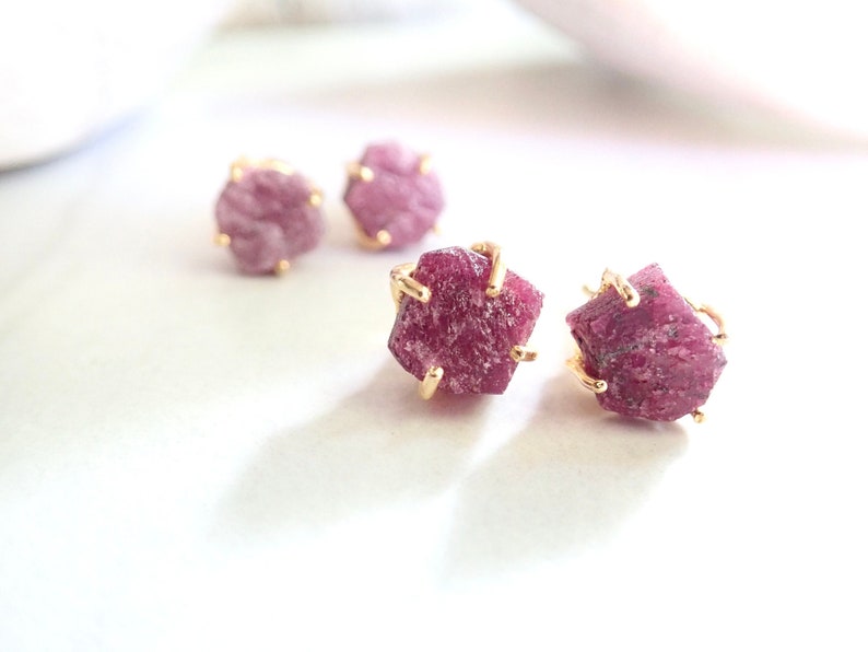 Raw Ruby Stud Earrings | Rough Ruby Earrings | July Birthstone Gift | Natural Pink Gemstone Post Earrings, Ruby Jewelry | Boho Gold Studs image 2