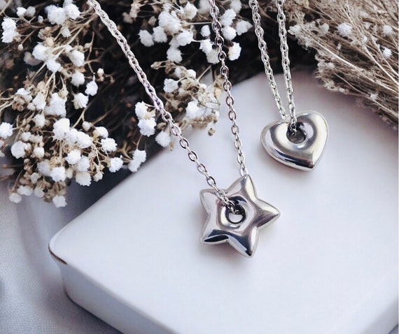 Star Necklace Silver, WATERPROOF Puffy Heart Necklace, Chunky Star