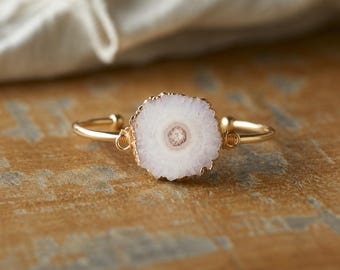 Solar Quartz Slice Open Cuff Bracelet | Gold Gemstone Bracelet | Natural Crystal Jewelry | Boho Statement Bracelet | Gift for Her