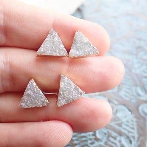 Triangle Stud Earrings, Geometric Post Earrings, Druzy Earrings, Geode Agate Jewelry, White Gray Crystal Earrings, Raw Stone Stud Earrings image 3