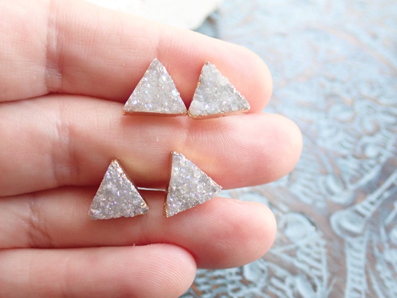 Triangle Stud Earrings, Geometric Post Earrings, Druzy Earrings, Geode Agate Jewelry, White Gray Crystal Earrings, Raw Stone Stud Earrings image 3