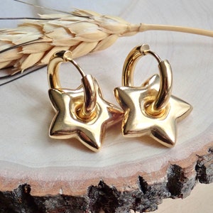 Gold Star Earrings, Gold Charm Hoops, Gold Dangle Hoops, Puffy Balloon Star Earrings, WATERPROOF Jewelry, Non Tarnish PVD Stainless Steel image 8