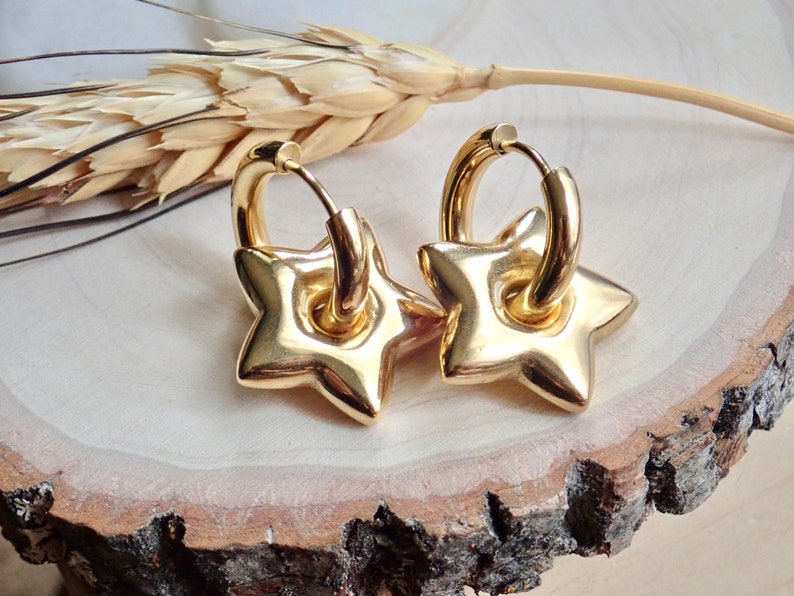 Gold Star Earrings, Gold Charm Hoops, Gold Dangle Hoops, Puffy Balloon Star Earrings, WATERPROOF Jewelry, Non Tarnish PVD Stainless Steel image 8