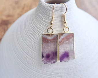 Amethyst Slice Earrings Gold, Silver Geode Dangle Earrings, Gemstone Drop Earrings, Raw Amethyst Jewelry, Purple Stone Earrings