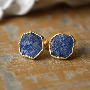 Raw Sapphire Stud Earrings Gold Vermeil, Blue Gemstone Post Earrings, Natural Sapphire Jewelry, September Birthstone Gift for Her, Sterling