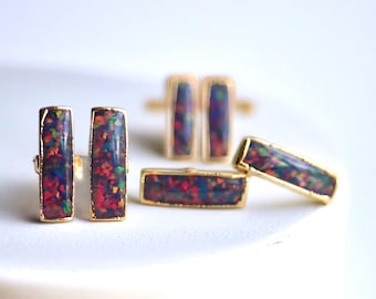 Black Opal Stud Earrings | 14k Gold Opal Bar Earrings | October Birthstone Jewelry, Gift for Her, Opal Post Earrings, Dainty Opal Studs
