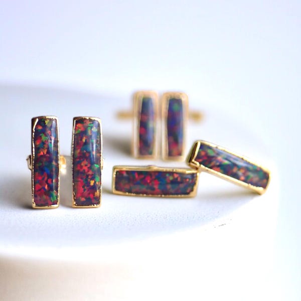 Black Opal Stud Earrings | 14k Gold Opal Bar Earrings | October Birthstone Jewelry, Gift for Her, Opal Post Earrings, Dainty Opal Studs