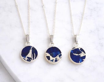 Sapphire Necklace Silver, Blue Crystal Coin Pendant, Blue Mojave Gemstone Necklace, May Birthstone Gift for Her, Dainty Minimalist Jewelry