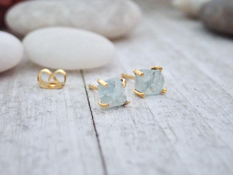 Tiny Aquamarine Birthstone Earrings, Raw Aquamarine Studs, Handmade Birthstone Jewelry, Rough Crystal Earrings, Dainty Gemstone Earrings image 2