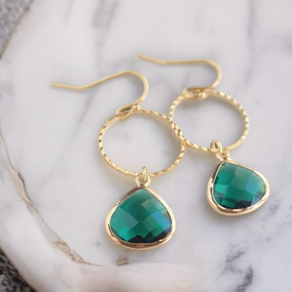 Gold Hoop Earrings With Gemstone Dangle, Teal Emerald Green