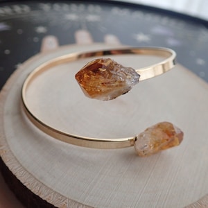 Raw Citrine Cuff Bracelet, Crystal Adjustable Bangle, Handmade Gold Open Cuff, Double Gemstone Cuff, Yellow Stone Boho Crystal Jewelry Gift