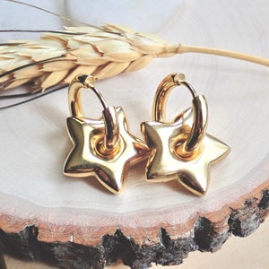 Gold Star Earrings, Gold Charm Hoops, Gold Dangle Hoops, Puffy Balloon Star Earrings, WATERPROOF Jewelry, Non Tarnish PVD Stainless Steel image 5