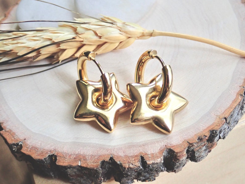 Gold Star Earrings, Gold Charm Hoops, Gold Dangle Hoops, Puffy Balloon Star Earrings, WATERPROOF Jewelry, Non Tarnish PVD Stainless Steel image 5