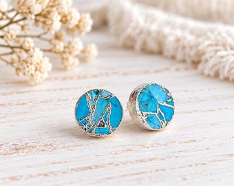 Silver Mojave Turquoise Stud Earrings, December Birthstone Gift, Round Boho Post Earrings, Turquoise Jewelry, Kintsugi Gemstone Earrings