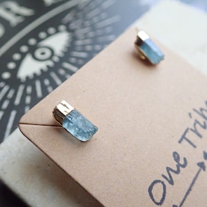 Raw Aquamarine Stud Earrings, Gemstone Bar Earrings, Small Gemstone Posts, Aquamarine Jewelry, March Birthstone Earrings, Gift for Her