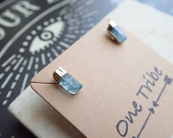 Raw Aquamarine Stud Earrings, Gemstone Bar Earrings, Small Gemstone Posts, Aquamarine Jewelry, March Birthstone Earrings, Gift for Her